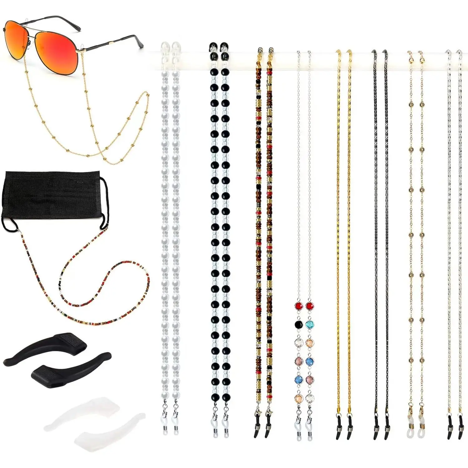 Women's Stylish Beaded Eyeglass Chain Set - 8 Plastic Glasses Neck Straps with Glasses Grips, Fashion Eyewear Accessories