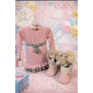 "Oh Baby!" Pink Cable-Knit Dress Centerpiece & Booties Set | Handcrafted Party Decor & Keepsake Outfit