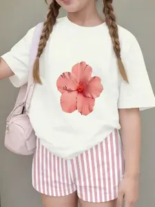 Girls' Hibiscus Flower Print Striped Shorts Set, Summer Fashion Casual Short Sleeve, Loose-Fitting All-Season Suit, Tropical Print Set