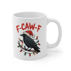 BNB Funny Gift – F-Caw-f Festive Crow Bird Lovers 11oz/ 15oz Ceramic Mug, Holiday Christmas Mug, Unique Coffee Cup Gifts for Chicken Lover Besties Coworker Colleague Workmates on Birthday Thanksgiving Christmas, Drinkware Reusable And Washable Coffee Cup