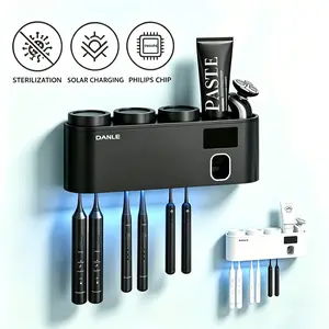 Toothbrush Sanitizer, Solar Light Charging Self Adhesive Toothbrush Holder with 3 Cups, Automatic Toothpaste Squeezer Dispenser, Bathroom Accessories Set