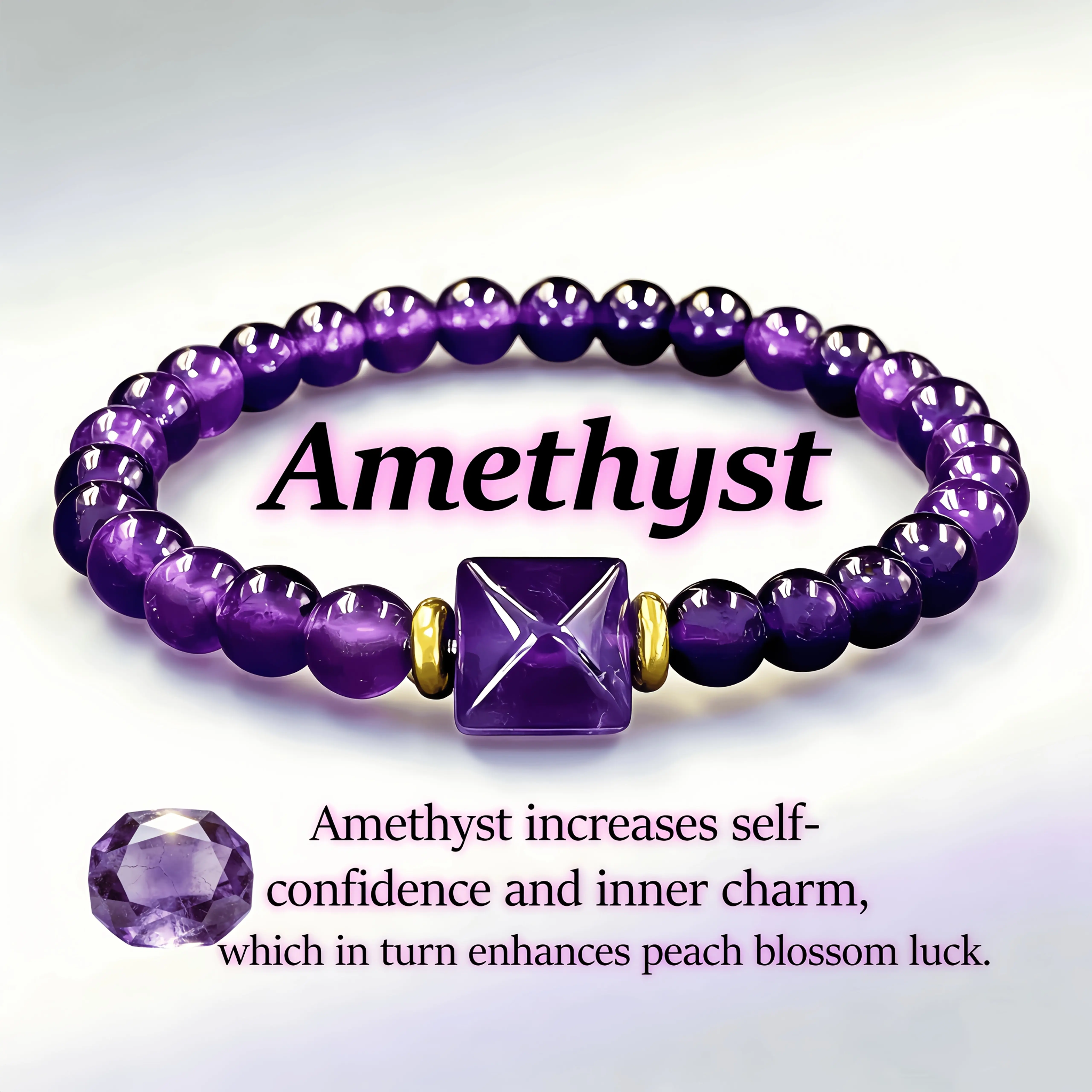A calming bracelet, natural amethyst pyramid bracelet 6mm, which symbolizes wisdom and emotional stability, enhances personal charm, is suitable for daily wear, and can be used as a gift for lovers/close friends/Valentine's Day/anniversaries