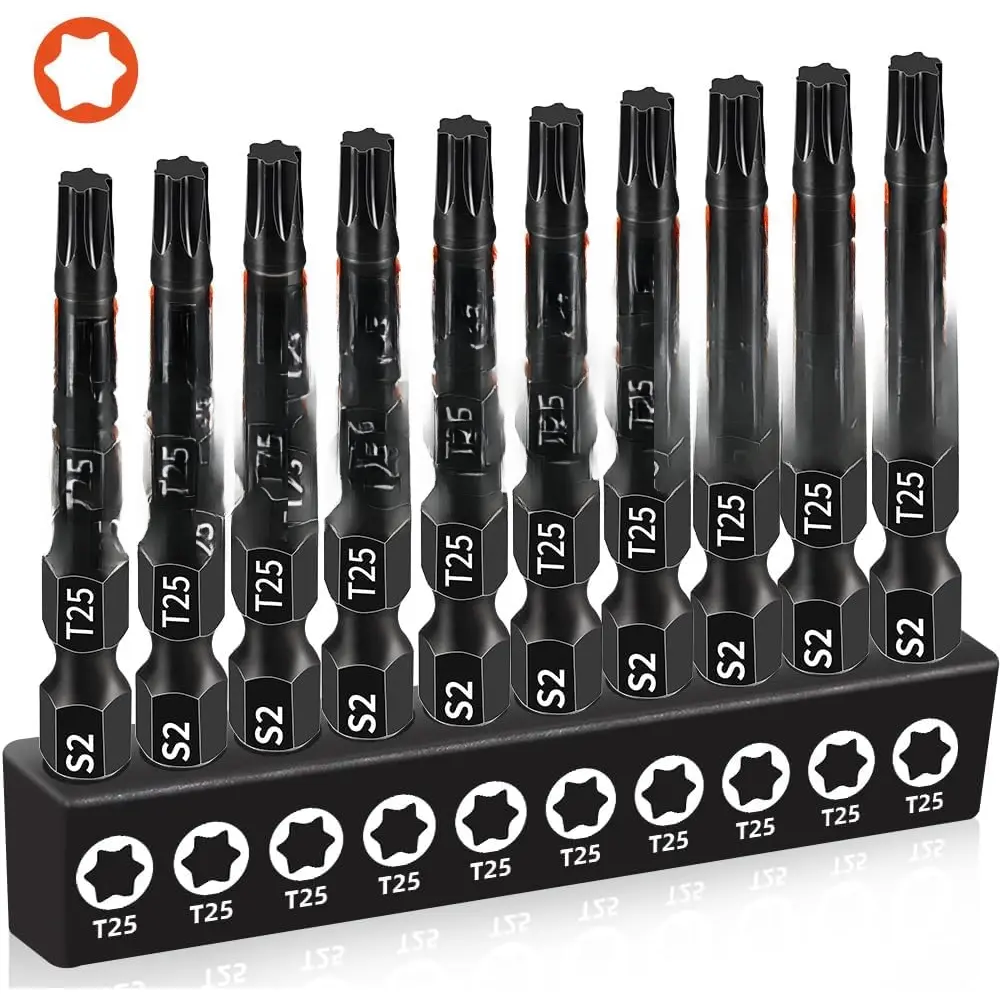 10-Pack T25 Torx Bits for Impact Driver, T-25 Torx/Star Bit Set 2'' Long,  Torque , Premium S2 Alloy Steel, 1/4'' Hex-Shank for Professional & DIY Use