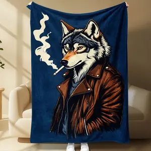 Vintage Rebel Style Wolf Blanket, Leather Jacket, Smoking Cigarette, Soft Comfortable, All-Season Use, Creative Design Material