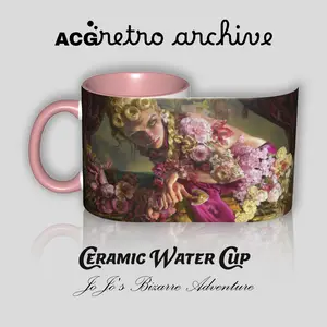 JOJO Golden Wind “Giorno Giovanna” Original Artwork Mug, 11oz Ceramic Coffee Cup, Pink Handle & Interior, Anime Gift for Fans, Retro Archive Style