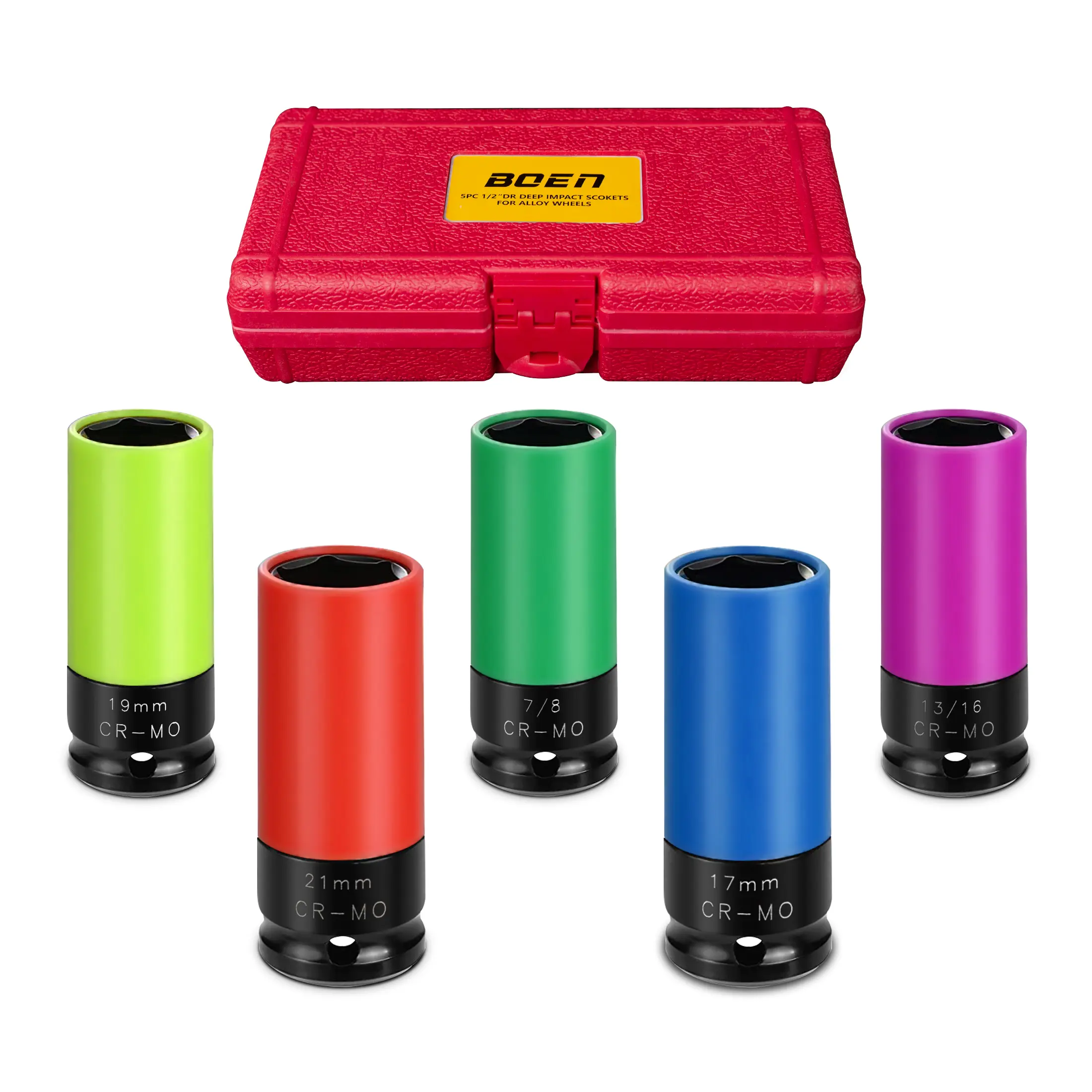 BOEN 1/2" Drive CR-MO Wheel Protector Impact Socket, Non-Marring Lug Nut Thin Wall Deep Socket Set, Color-Coded|Metric 17 19 21 mm|SAE 13/16 7/8 inch