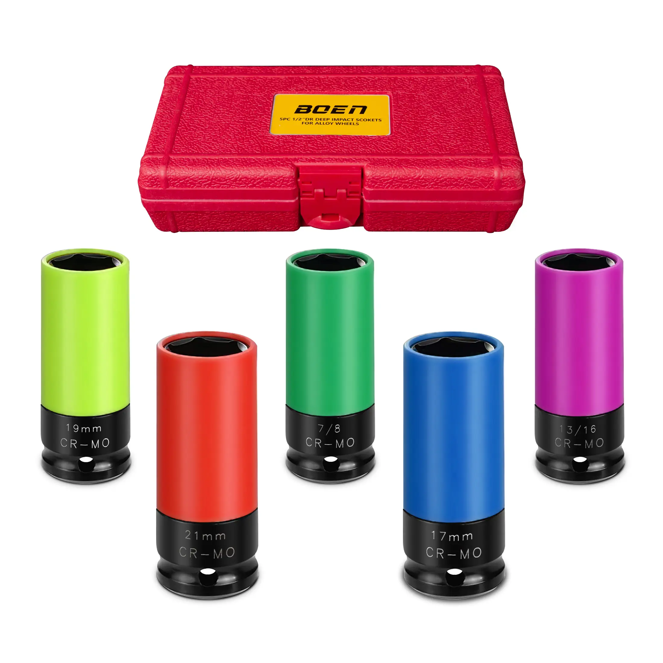 BOEN 1/2" Drive CR-MO Wheel Protector Impact Socket, Non-Marring Lug Nut Thin Wall Deep Socket Set, Color-Coded|Metric 17 19 21 mm|SAE 13/16 7/8 inch