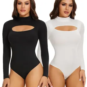 Women's Elegant Mock Neck Cutout Front Leotard Top Long Sleeve Bodysuits, Casual Comfy Soft Farbic Womenswear Valentine's Day Going Out Outfit