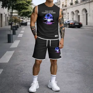 Men’s Tropical Beach Graphic Print Summer Set Sleeveless Tank Top & Shorts Matching Outfit, Vacation Island Print Lightweight Casual Streetwear Set for Everyday & Holiday