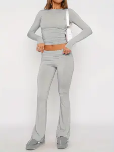 2 piece Women's Solid color Long sleeve crop Top and high waist wide leg Pants, casual and stylish and comfortable round neck top and flare pants, for everyday outdoor wear, Women's wear, Yoga running wear