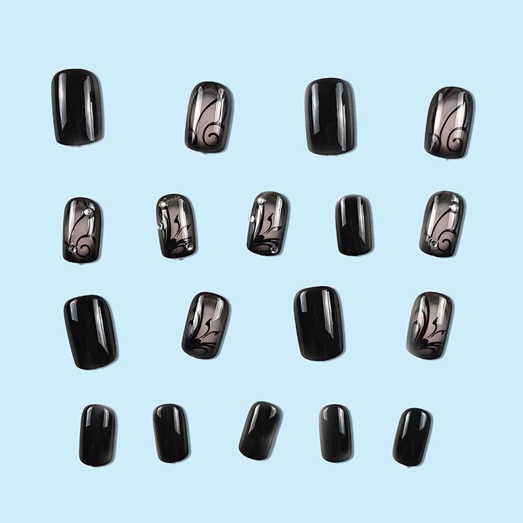 Black Press on Nails Short Square Fake Nails Black Vine Acrylic Glue on Nails Full Cover Glossy Nails Press ons Short Stick on Nails Summer Artificial Nails for Women Girls - 24Pcs