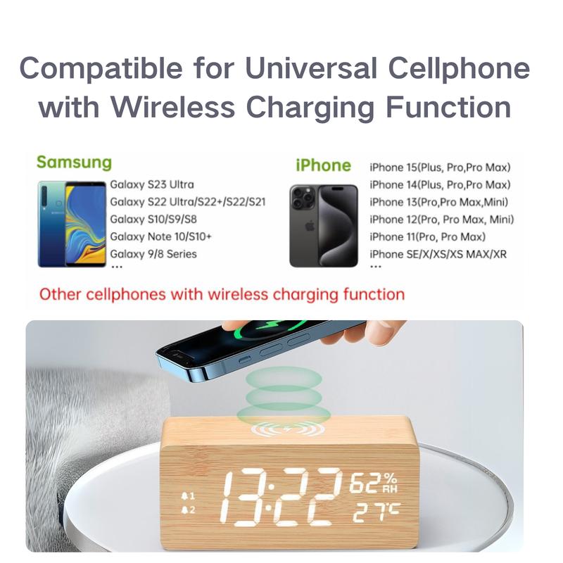 DARAUME Wooden Digital Alarm Clock  Alarm Clock with Qi 15W Wireless Charging Pad  Brightness Adjuster and Alarm Volume Adjuster  Snooze Function  Dual Alarms with Sound Control Function, Time and Date and Temperature Display for Bedroom, Office and Home