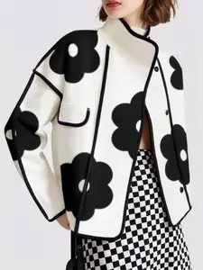 Women's Floral Print Contrast Binding Button Front Flap Detail Jacket, Elegant Stand Collar Drop Shoulder Long Sleeve Outerwear, Casual Fashionable Outerwear for Fall & Winter, Ladies Clothes for Daily Wear