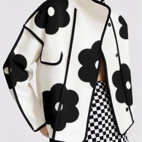 Women's Floral Print Contrast Binding Button Front Flap Detail Jacket, Elegant Stand Collar Drop Shoulder Long Sleeve Outerwear, Casual Fashionable Outerwear for Fall & Winter, Ladies Clothes for Daily Wear