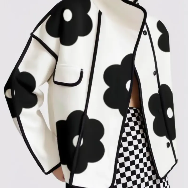 Women's Floral Print Contrast Binding Button Front Flap Detail Jacket, Elegant Stand Collar Drop Shoulder Long Sleeve Outerwear, Casual Fashionable Outerwear for Fall & Winter, Ladies Clothes for Daily Wear