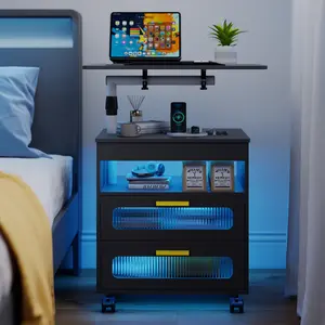 Dystler Nightstand with Wireless Charging Station, LED Nightstand Has Adjustable Rotary Workstation,Smart Night Stand with 2 Drawers,Modern Bedside Table for Bedroom, Sensor Light/Wheel