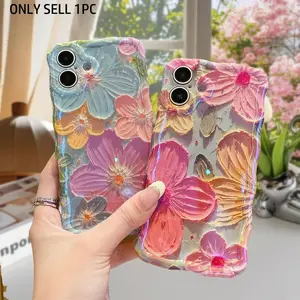 Glossy Wave Retro Flower Oil Painting iPhone Women's Protective Cover, Colorful TPU Shockproof Cover, Suitable for iPhone 17 16 15 14 13 12 11 Pro Max Curved Case Girls' and Women's Protective Cover