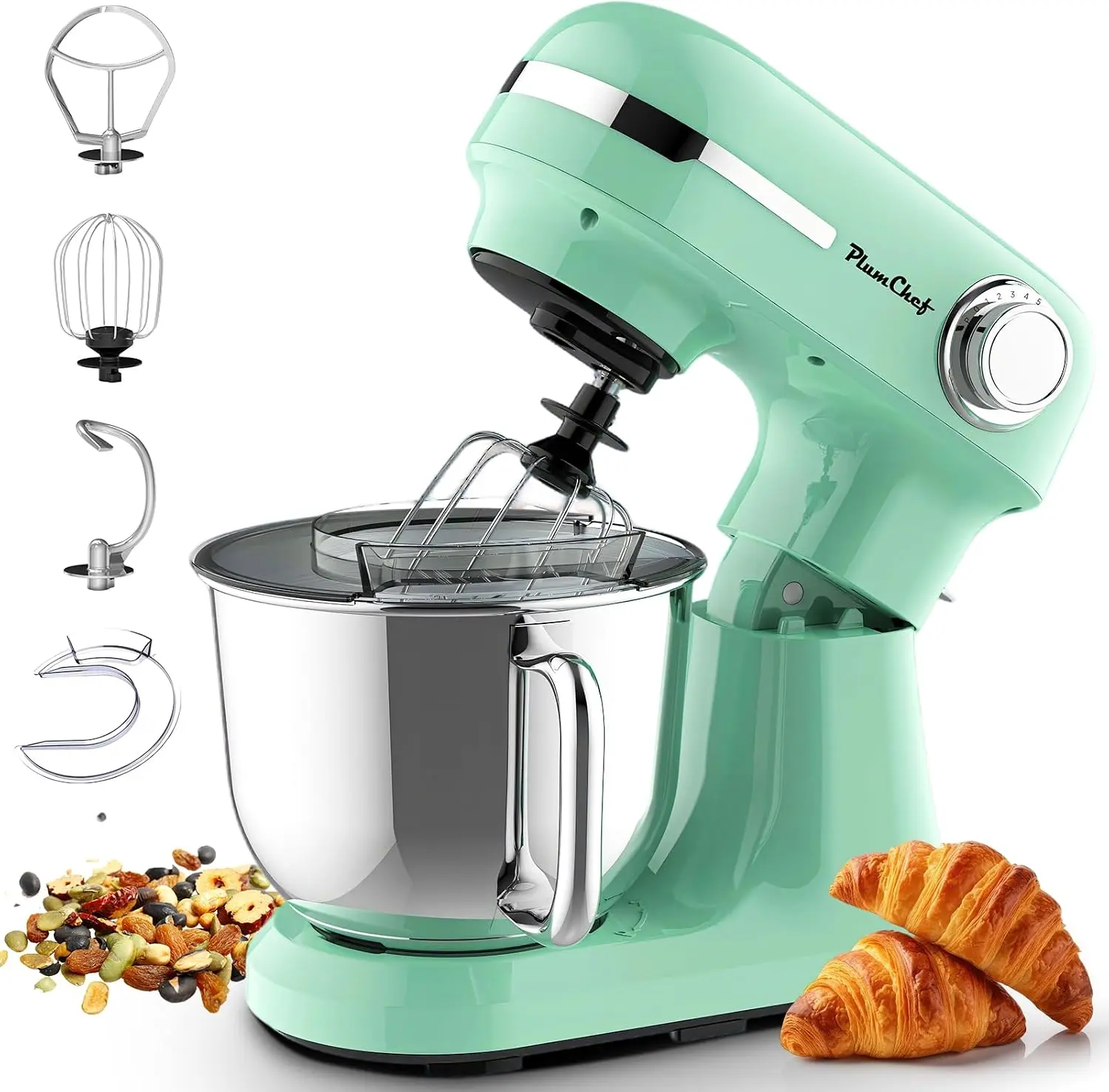 Plum chef 5.5QT Electric Stand Mixer, 12-Speed Tilt-Head Food Mixer, Dough Mixer with Dishwasher Safe Stainless Steel Bowls, Dough Hook, Flat Beater, Whisk, Perfect for 4-6 Family,Green