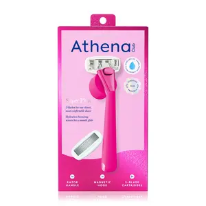 Athena Club 5-Blade Women's Razor Kit Super Pink 1 Handle 2 Blade Refills Magnetic Hook for Comfortable Shave Anti-Slip Ergonomic Design
