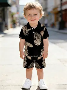 Summer Short Sleeve Polo Set, Boy Cartoon Plant Pattern, Casual Slim-Fit Clothing, Shorts Included, Kids Fashion Suits