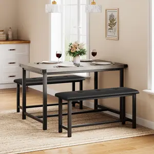 Modern Industrial Wooden Kitchen Table with 2 Upholstered Benches, 3 Piece Dining Table Set for 4, Space Saving Metal Frame Dining Set for Living Room, Dining Room, Apartment