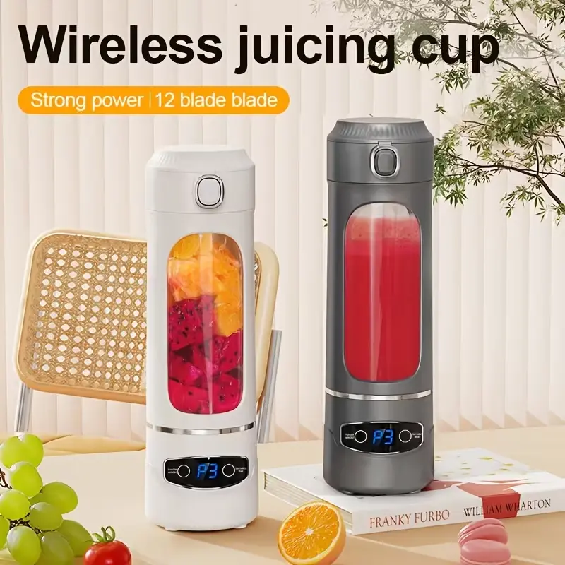 Cylindrical Cordless Portable Blender - USB-Charged Handheld Juicer with LED Display, 3 Modes, 1200mAh Battery, 12 Blades, Ice-Crushing, Ideal for Smoothies/Juices, Gym/Office Use, Back-to-School Gift, Travel-Ready