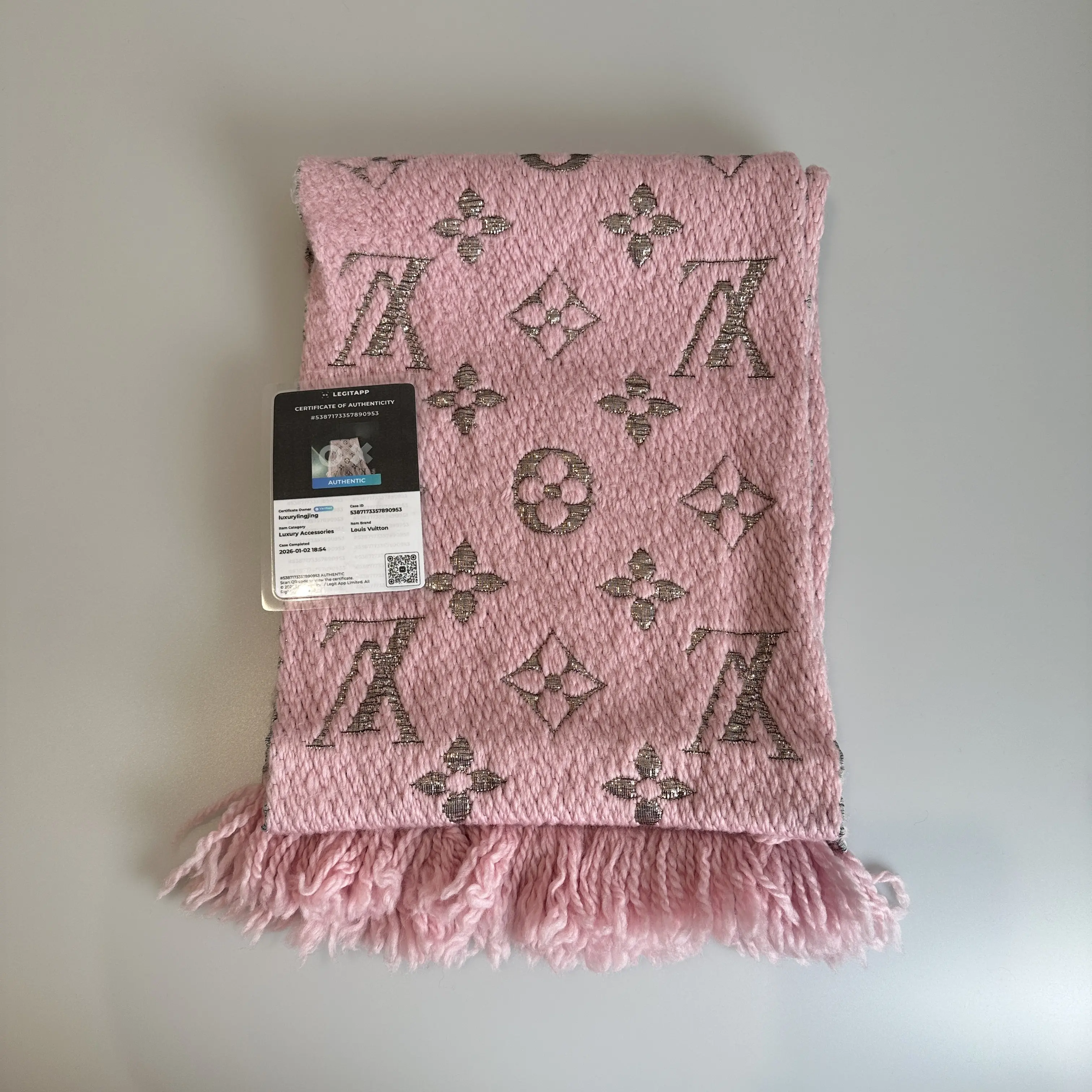 Pre-owned Louis Vuitton Logomania Shiny Scarf Sakura Pink with Gold Threads Wool Scarf 70688223
