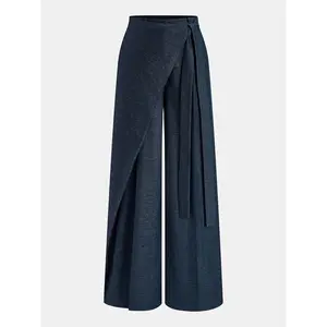 Asymmetric Wrap Wide-Leg Pants, Mid Waist Woven (XS-XL)
