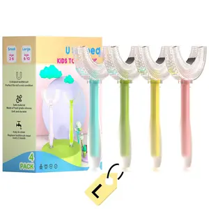 U Shaped Kids Toothbrush 4 Pack Soft Silicone 360-Degree Bristles for Ages 6-10 Oral Care Easy Use with Suction Cup Base Sensitive Teeth Friendly Toothpaste - Foam