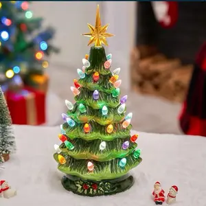 Ceramic Christmas Tree, Table Top Christmas Tree with Flower Leaf, Vintage Pre-lit Xmas Decor with Multicolored LED Lights, Battery Operated Hand-Painted Xmas Decorations Indoor Home