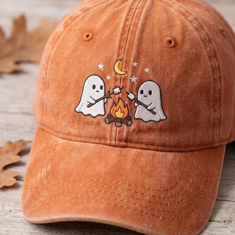 Embroidered Ghost Campfire Hat, Embroidered Halloween Cap, Cute Ghost Marshmallow Hat, Spooky Season Fall Cap, Cozy Autumn Gift For Women