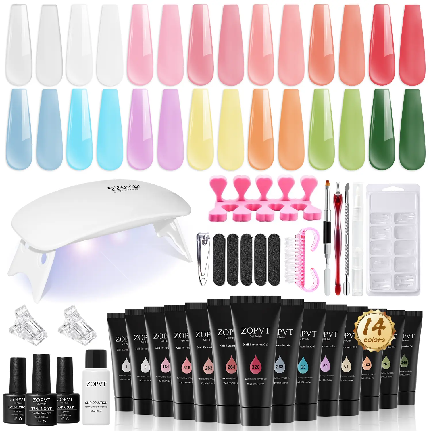 Nail Extension Gel Set, Gel Nail Kit For Beginners With Everything, 14-Piece Polyethylene Nail Kit with Sliding Solution & Mini Lamp, Beginner-Friendly Manicure Design Tools, Nail Gel Polish Set