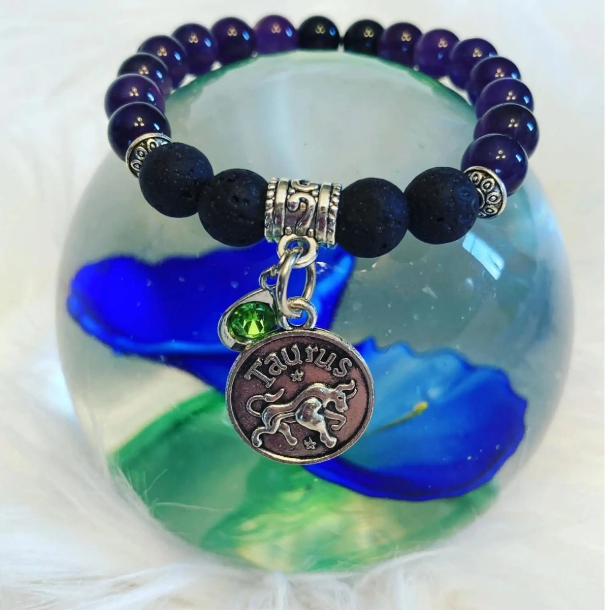Taurus Bracelet Gift Set, Amethyst with Lava Stones for Essential Oils, Green Birthstone, Palo Santo Stick, Lavender Bundle, Astrology Charm