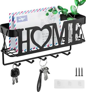 Key Holder for Wall - Key Rack with 5 Hooks, 11.02" L×2.75" W×4.92" H, Wall Mount Organizer with Mesh Basket Decor Minimalist Stainless Shelves