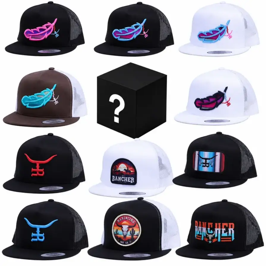 Mystery Box Classic One Hat Feathered Outlaw - The Rancher Hat Collection Brown/Turquoise Feather, Embroidered hat, Snapback, Mesh hat