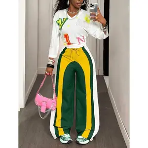 BamGleam Women’s Casual Wide-Leg Pants with Contrasting Color Patchwork and Drawstring Waist, Autumn Fabric