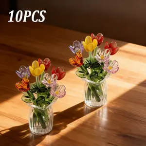 10pcs Handmade Crystal Glass Miniature Floral Statues - Transparent Vase Suitable for Crafts, Wedding Tabletop Decor, Pink Tulip Bouquet Centerpieces for Easter Gifts, Artificial Bouquets, Photography Props & Table Centerpieces