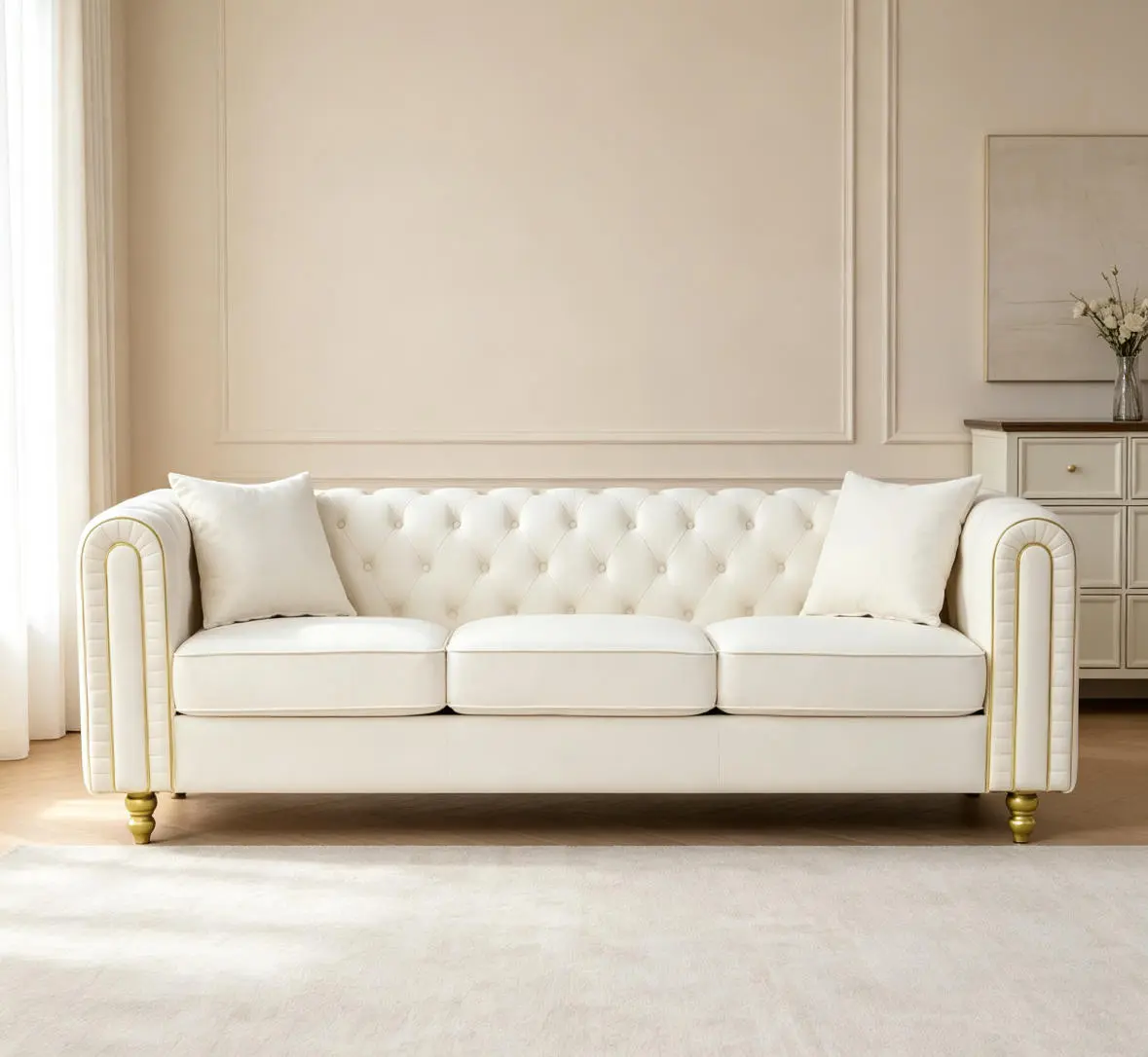 Modern Chesterfield Loveseat Sofa - 3-Seater Velvet Couch with Comfy Cushions, Button Tufting, Rolled Arms, Gold Legs for Living Room Primary Space