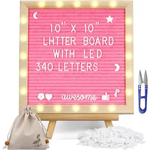Pink Felt Letter Board with Lights, Built-in LED Lights -Message Board Adjustable Stand, 340 Letters and Christmas,- for Menus, Pregnancy Announcement, Weddings, Party Planning(10 * 10)
