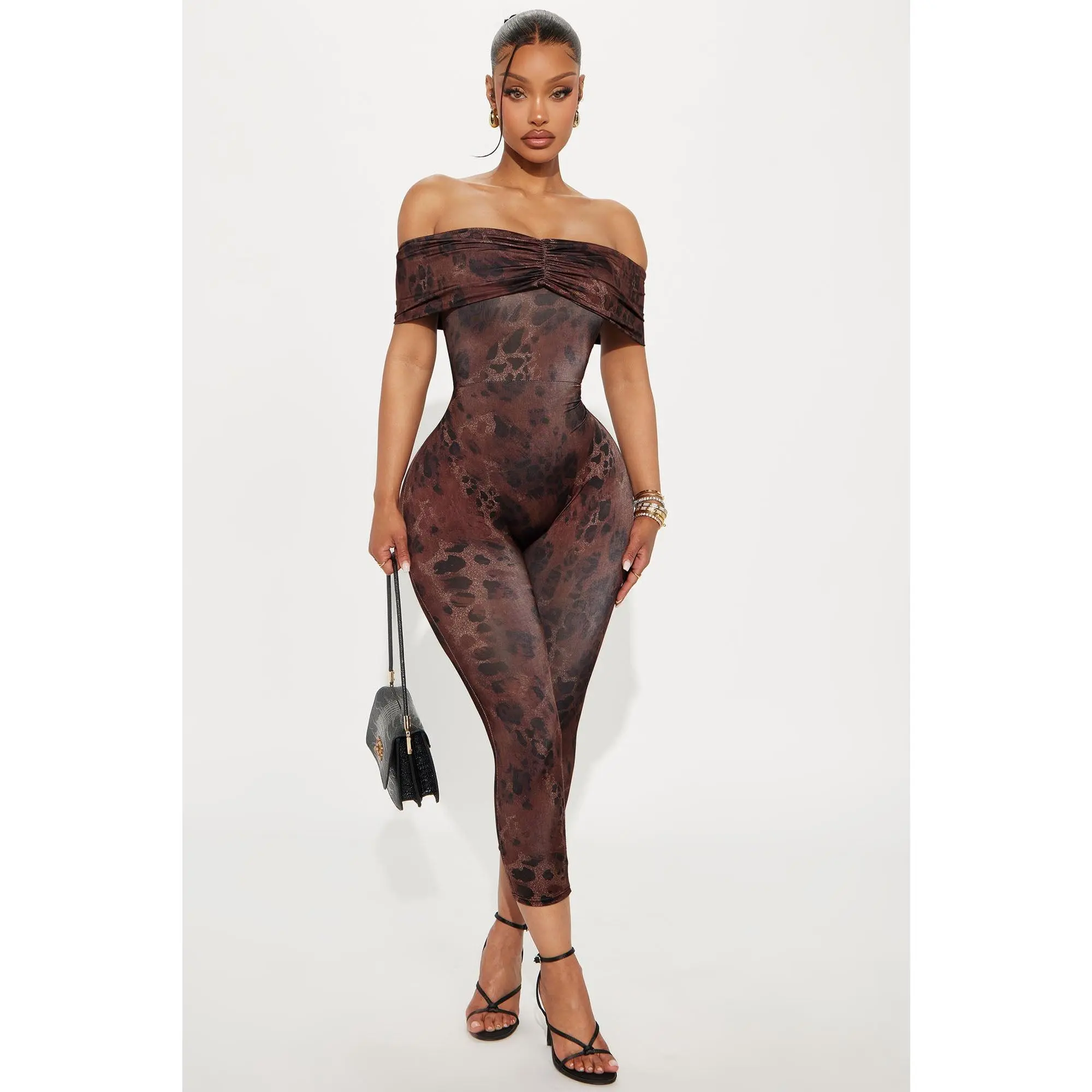 Paulina Off Shoulder Capri Jumpsuit - Chocolate/Combo Paulina Off Shoulder Capri Jumpsuit - Chocolate/Combo