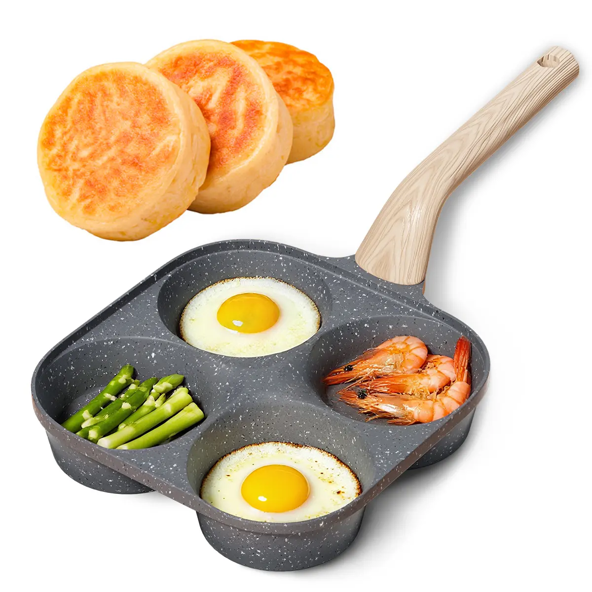 4-Cup Nonstick Egg Frying Pan, Granite Coating Breakfast Skillet with Wooden Handle, Multi-Section Omelet Pancake Pan for Eggs, Toast & Crepes, Easy Clean Cookware for Gas Stove & Induction Non-stick Multifunctional