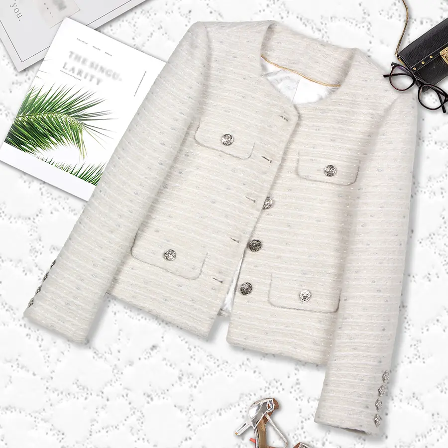 DUSHE Women's Korean Chic Tweed Coat, Fitted Mid-Length Woolen Outerwear with Long Sleeves and Round Neck for Dating Wear, Co