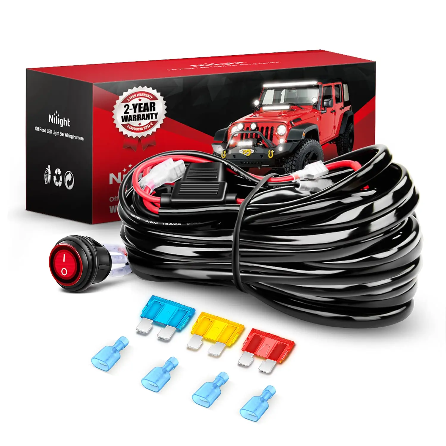 Nilight LED Light Bar Wiring Harness Kit - 2 Leads 14AWG Heavy Duty 12V On Off Switch Power Relay Blade Fuse for Off Road LED Work Light Autos, Led Car Lights