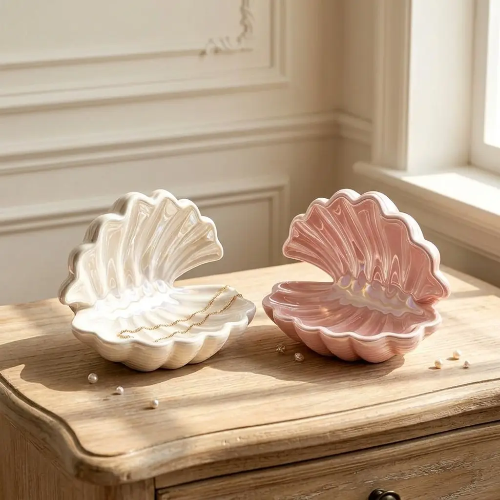 Ceramic Shell-Shape Waterproof Jewelry Tray - Necklace Earring Display Plate, Key Storage Organizer, Beauty Supplies Accessory Holder for Entryway Vanity Table Home Decor