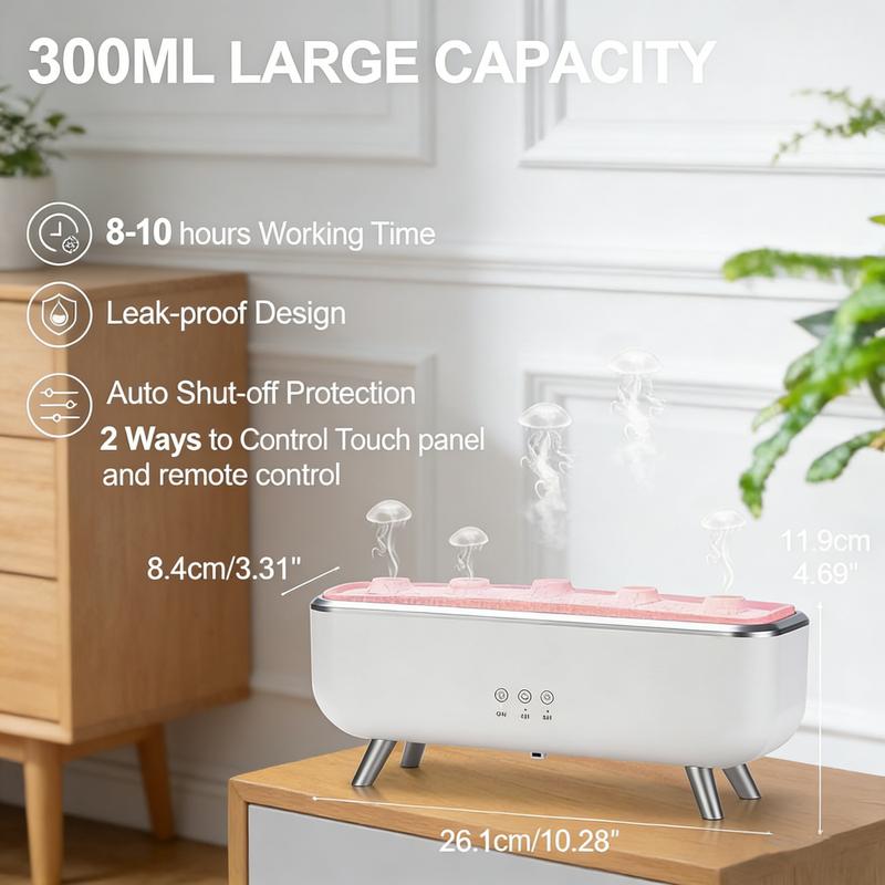 Dynamic Jellyfish Aroma Diffuser 300ml Humidifier for Bedroom Waterless Auto-Off with Timer Remote Control 7-Color Mood Lighting 4-Hour 8-Hour Dual Timers 5 Nozzles for 360° Mist Diffusion Home Bedroom Gift
