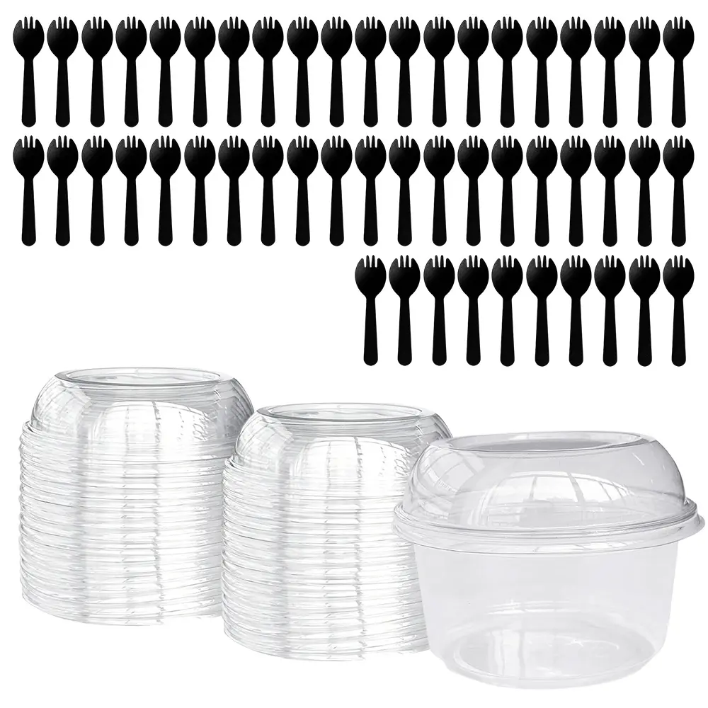 50PCS 12 oz Disposable Clear Plastic Cups, Dessert Cups with Lids and Spoons, Disposable Snack Bowls for Cupcake, Pudding, Snacks, Yogurt, Parfait Fruits, Mousse