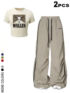 Women's Two-Piece Set Leopard Print Skull Pattern Short Top & Side Stripe Wide Leg Pants, Casual Country Style Sportswear 2026 Trendy Streetwear