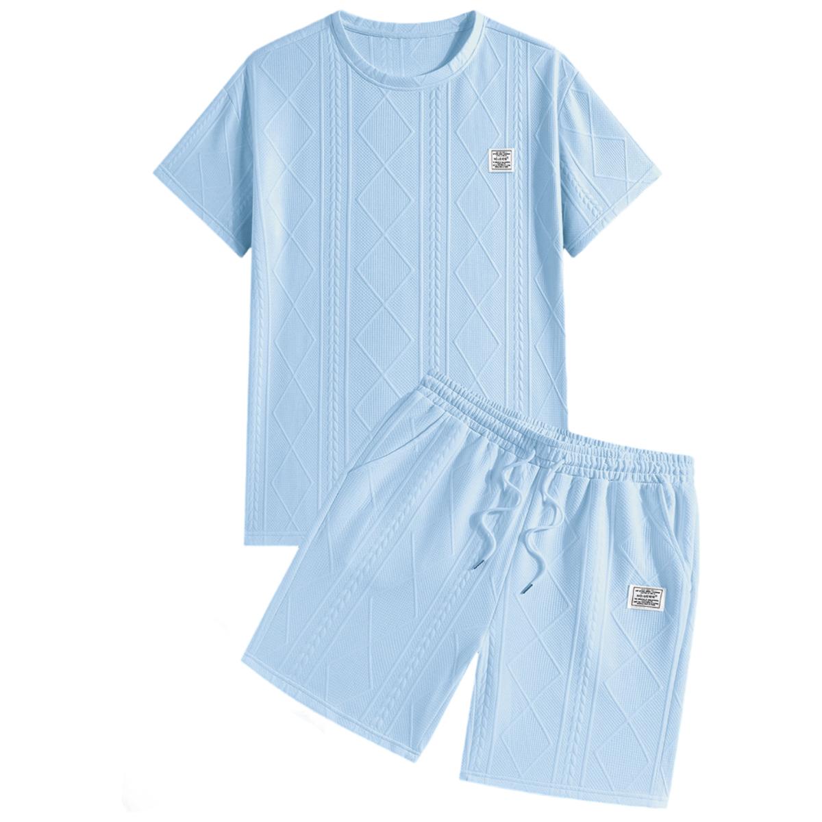 Men's 2-Piece Athleisure Set, Jacquard Short Sleeve T-Shirt and Shorts, Breathable Casual Fitness Outfit for Summer, Athleisure Wear Set, Casual Fitness Breathable, Outfits