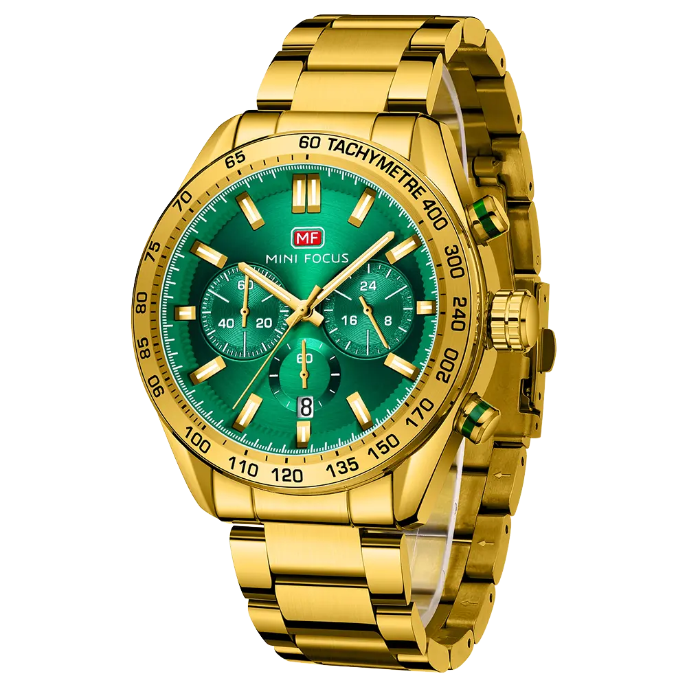 Mini Focus 14K Gold Chronograph Analog Quartz Business Dress Stainless Steel Casual Black Sports Wrist Watch Date Waterproof Luminous Two Tone Multifunction Gift Watch for Men
