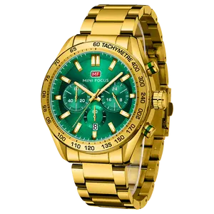 Mini Focus 14K Gold Chronograph Analog Quartz Business Dress Stainless Steel Casual Black Sports Wrist Watch Date Waterproof Luminous Two Tone Multifunction Gift Watch for Men